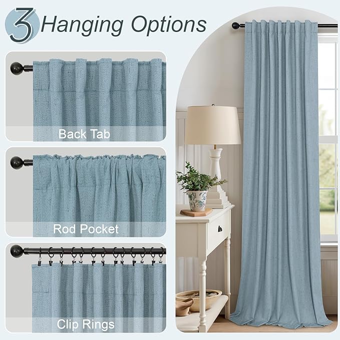 Slate Stone Blue Linen Blackout Curtains 90 Inch Long 2 Panels for Boys Bedroom Kids Back Tab Rod Pocket Pleated Thermal Insulated Energy Efficiency Full Shading Panels for Living Room 52 Inch Wide