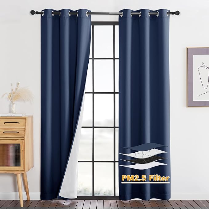 RYB HOME PM 2.5 Filter Curtains for Living Room/Bedroom, Soundproof Blackout Large Window Curtains for Dust Sandstorms Smog Pollen Odor Filtering, Navy Blue, W42 x L84 inch, 2 Panels