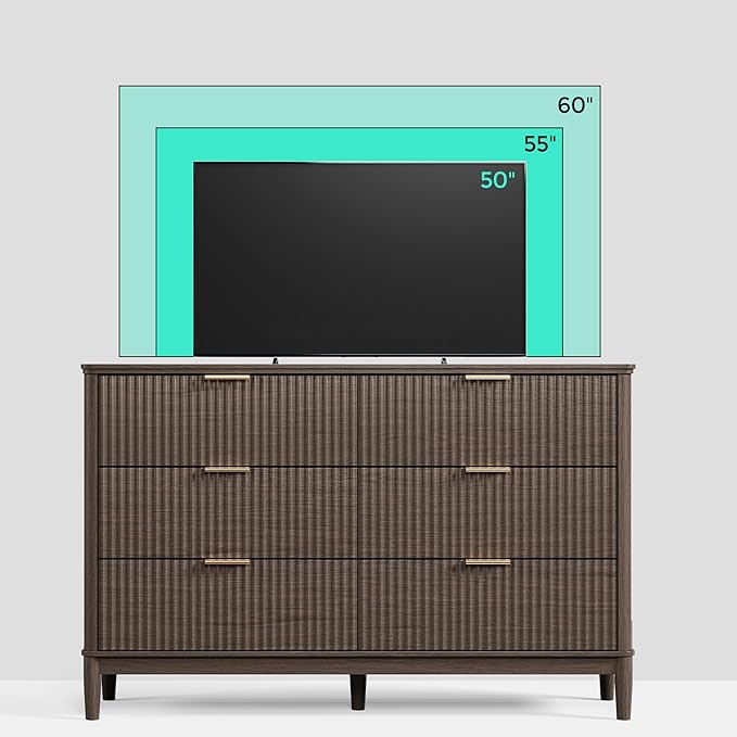 LINSY Fluted Dresser for Bedroom with 6 Drawers, Mid Century Modern Chest of Drawers with Gold Metal Handles, Wide Boho Wood Dressers, Large Farmhouse Storage Cabinet for Bedroom, Living Room, Walnut