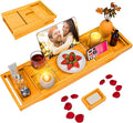 Foldable Bathtub Caddy Tray, Bamboo Bath Tub Tray Table for Tub with Wine Glass Holder Book Phone Tablet Holder with Extending Sides, Adjustable Bathroom Bathtub Free Soap Holder Gift Idea (Beige)