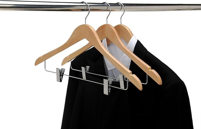 Quality Wooden Skirt Hangers with Clips, 20-Pack Semi Curved, Smooth Solid Wood Pants Hangers with Durable Adjustable Metal Clips, Swivel Hook, Coat, Jacket, Blouse Suit Hangers (Natural, 20)