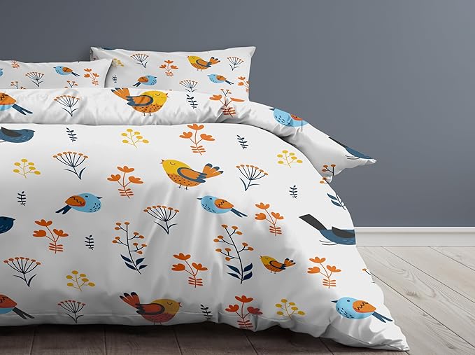 1000 Thread Count 100% Egyptian Cotton Printed Duvet Cover Set of 3 Queen Size Bird Print True Luxury Quality Super Soft Comfy All Season (White)