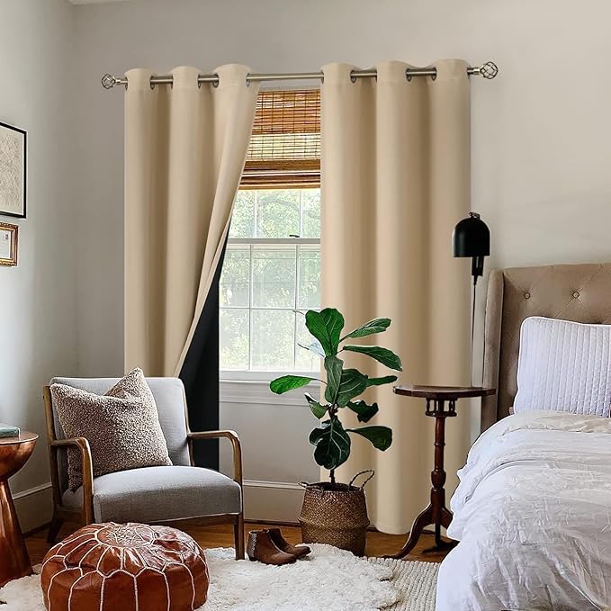 BGment Thermal Insulated 100% Blackout Curtains for Bedroom with Black Liner, Double Layer Full Room Darkening Noise Reducing Grommet Curtain (42 x 84 Inch, Beige, 2 Panels)