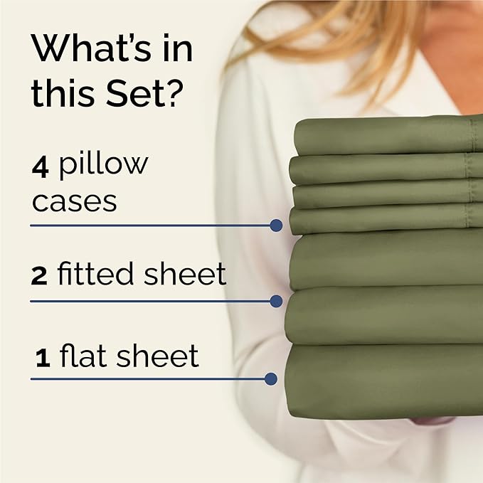 Split King 7 Piece Sheet Set - Cooling & Breathable - Hotel Luxury Bedding, Includes Fitted Sheets for Women, Men, Kids & Teens - 1 Flat, 2 Fitted Sheets, 4 Pillowcases w/Deep Pockets - Sage Green