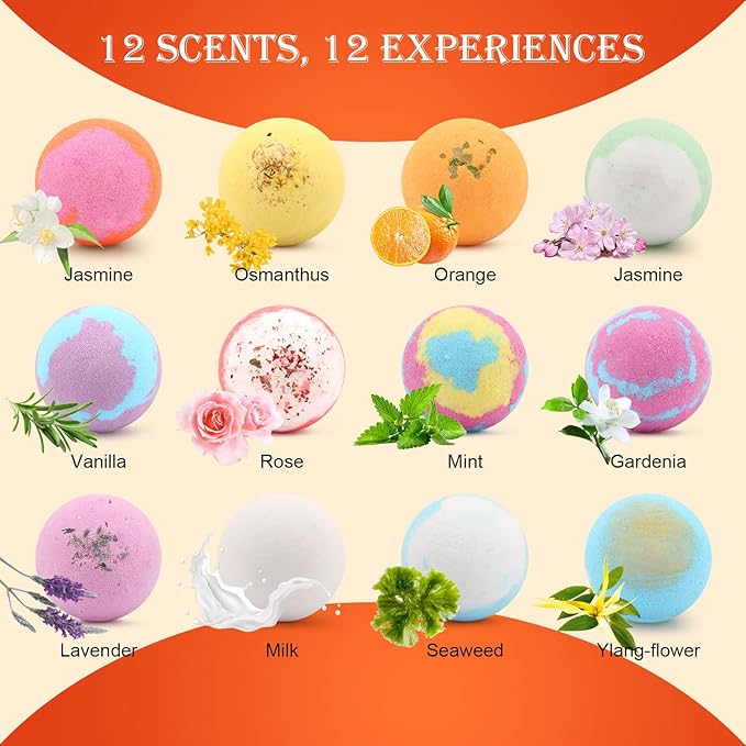 Bath Bombs Salt Balls,12 PCS Gift Set,Vanilla Menthol Rose Extract Essential Oils,Moisturizing Dry Skin,Fizzy Spa,Relaxing,Bubble Bath Bomb Gifts Idea for Men Women