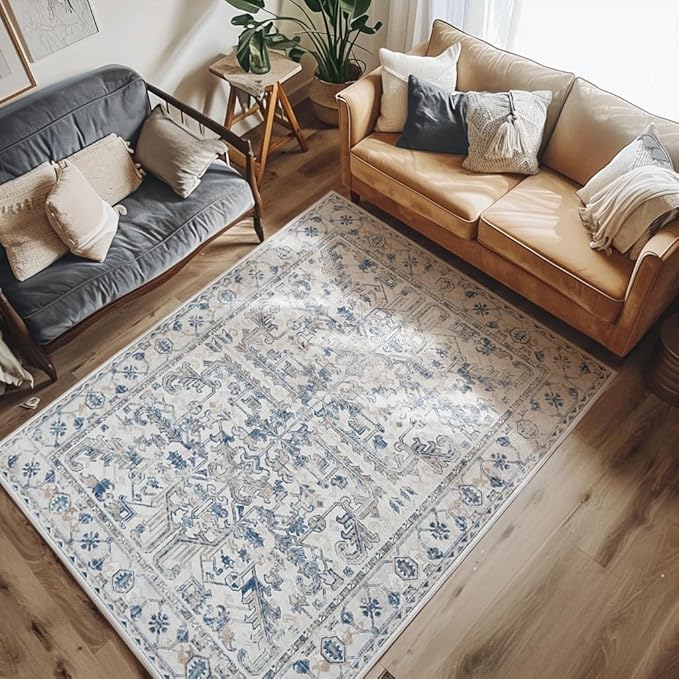 jinchan Lima 5x7 Machine Washable Area Rugs - Vintage Floral Stain Resistant Low Pile Ultra-Thin Non Slip Accent Rug for Bedroom Living Room Kitchen Dining Room Entryway (5x7ft, Blue)