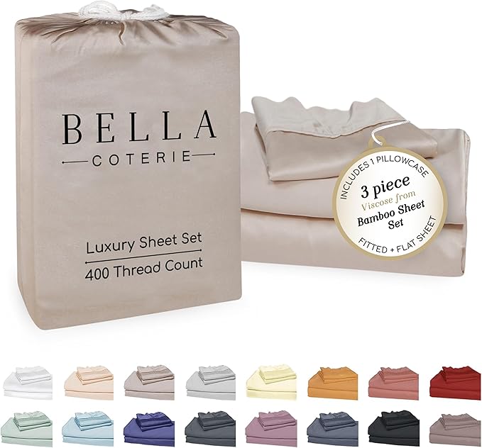 Bella Coterie Luxury Bamboo Viscose Twin Size Sheet Set | 100% Organically Grown | Ultra Soft | Cooling for Hot Sleepers | 18" Deep Pocket [Dune]