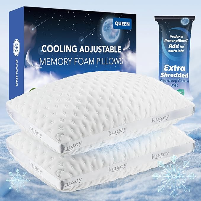 Luxury Cooling Side Sleeper Pillow for Neck and Shoulder Pain, Medium Firm Bed Pillows Queen Size Set of 2 Luxury Shredded Memory Foam for Sleeping Adjustable Washable Cover Crescent White