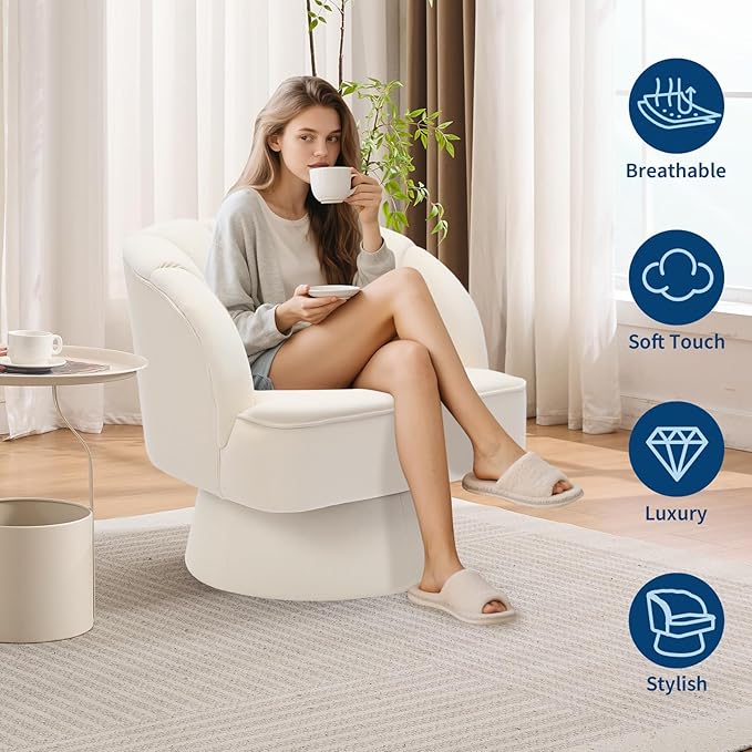 GarveeHome Modern Swivel Barrel Accent Chair, 360 Degree Velvet Upholstered Armchair with Striped Backrest & Plush Padding, Comfy Round Lounge Chair for Living Room, Bedroom, Reading Nook, Beige