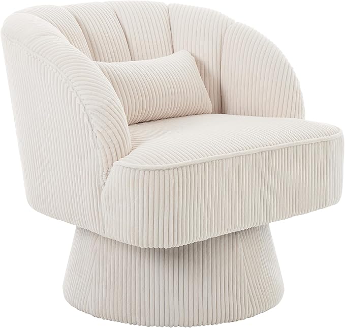 GarveeHome Modern Swivel Barrel Accent Chair, 360° Velvet Upholstered Armchair with Striped Backrest & Plush Padding, Comfy Round Lounge Chair (1, Beige + Corduroy)
