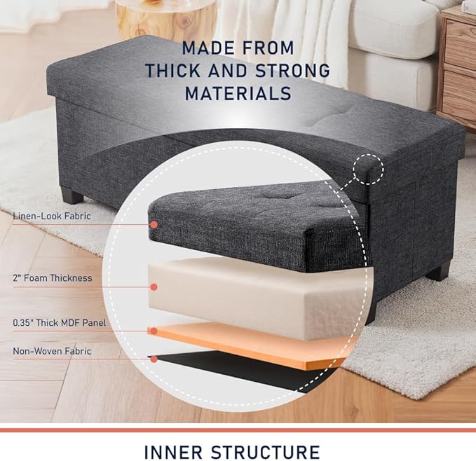 Ornavo Home 43 Inch Storage Ottoman, Large Storage Bench, Ottoman with Storage with Legs, Foot Rest Stool, Bedroom Bench - Dark Gray
