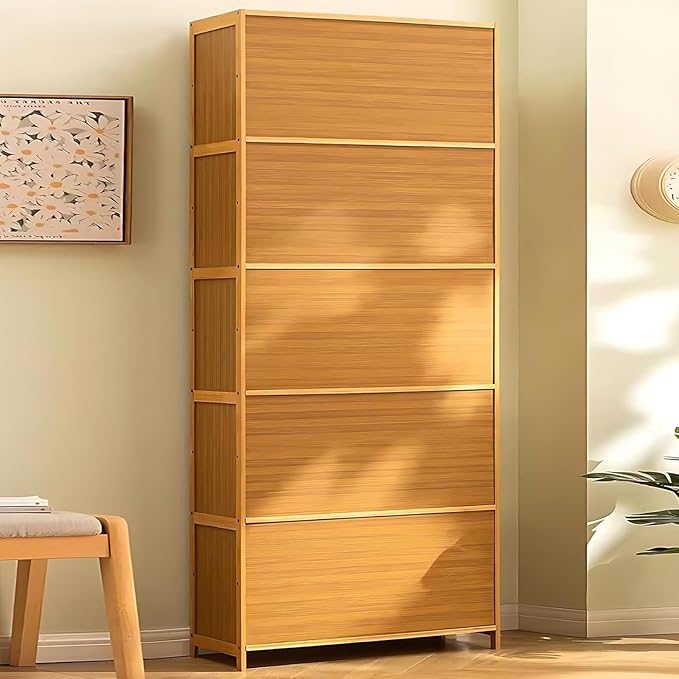 Bamboo Shoe Cabinet with Acrylic Door,10-Tier Shoe Storage Rack, 40-45 Pairs Freestanding Shoe Rack, Entrance Shoe Cabinet for Hallway Living Room