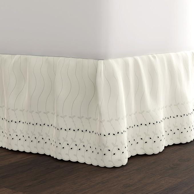 Fresh Ideas Eyelet Bed Skirt, Ruffled Design, 14 Inch Drop, Embroidered Scalloped Edge, California King, Ivory