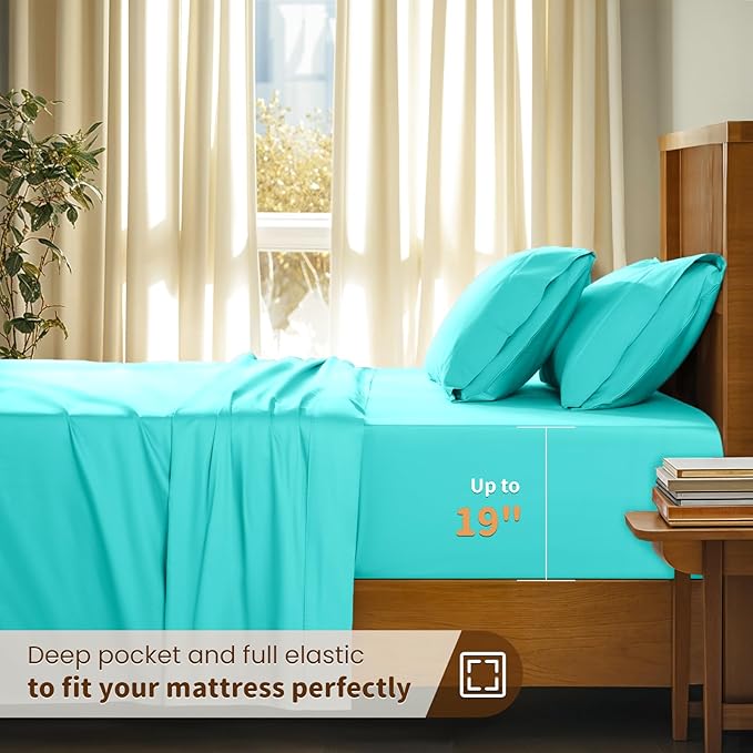 LBRO2M 100% Cotton Sheets Set Deep Pocket 19", 1000 Thread Count Queen Size 4 Piece Bed Sheet Sets Soft Comfortable Bedding All Season (Queen, Lake Green)
