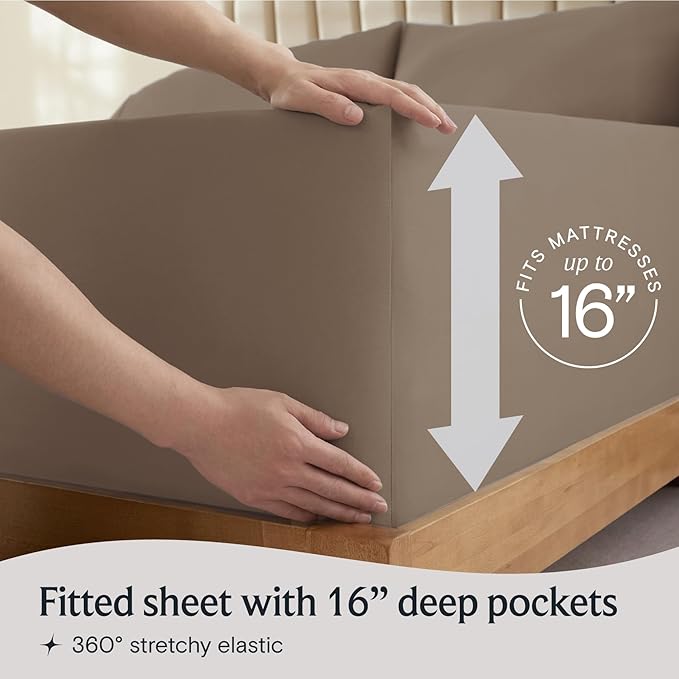 LuxClub 4 PC Queen Sheet Set, Deep Pockets Wrinkle Free Cooling Bed Sheets Hotel Bedding for Women, Men, Includes 1 Fitted Sheet, 1 Flat Sheet and 2 Pillowcases-Soft Dark Khaki
