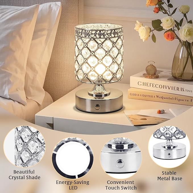 TOBUSA 6000mAh Crystal Battery Operated Lamp, Silver Modern Cordless Table Lamp Rechargeable, Portable Bedside Touch Small Desk Lamp 3000K-4500K-6000K, Stepless Dimmable Wireless LED Night Light
