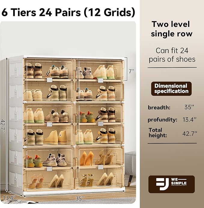 24 Pairs Shoes Storage Cabinet of 3-Step Fast Installation,Plastic Shoe Box with Clear Magnetic Door for Display, Shoe Organizer for Sneaker, Sandals, Heels (2 Row, 6 Tier)