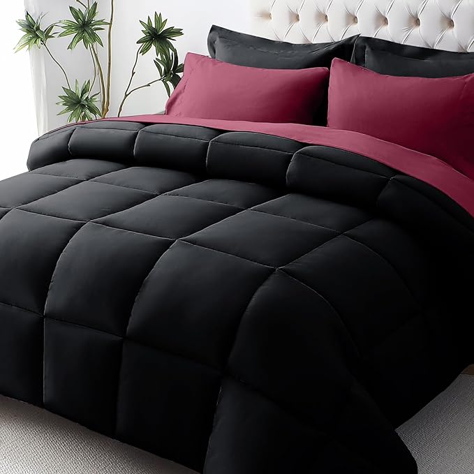 JOLLYVOGUE Twin Comforter Set, Ultra-Soft Bed in a Bag Twin Size 5 Pieces, Oeko-TEX Certified Bedding Set with Down Alternative Comforter, Sheets, Pillowcases & Shams, Burgundy & Black