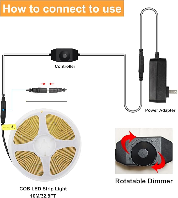 White COB LED Strip Lights 32.8ft, 6500K Dimmable Ultra Bright Daylight White 24V LED Light, 3200 LEDs Flexible CRI 93+ COB Light strips for room, Mirror, Kitchen, Bedroom（Remote control not included）