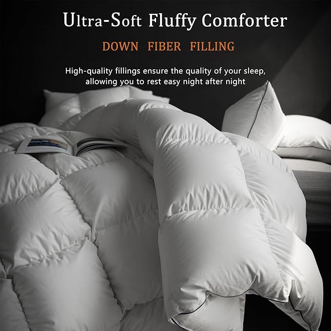 Luxury White Down Fiber Comforter Queen Size - Down Fiber Duvet Core for All Seasons - Duvet Insert Queen Hotel Collection - Soft and Medium Warmth Comforters,Queen (90 X 90”)