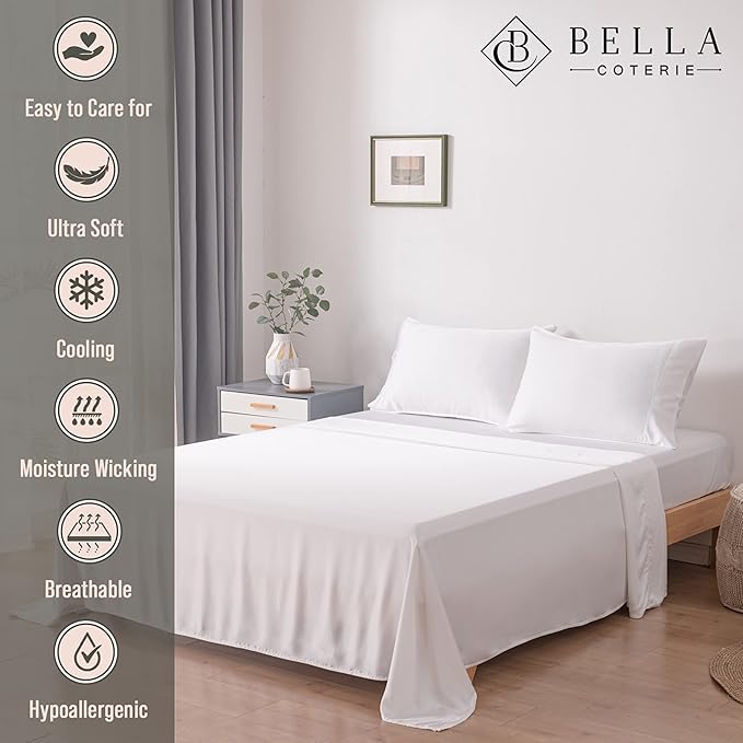 Bella Coterie Luxury Bamboo Viscose Twin Size Sheet Set | 100% Organically Grown | Ultra Soft | Cooling for Hot Sleepers | 18" Deep Pocket [White]