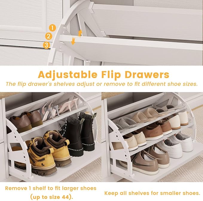 FATORRI Shoe Storage Bench, Entryway Bench with Flip Drawer, Wooden Entry Way Shoe Cabinet for Living Room Hallway (Rustic Oak+White Oak)