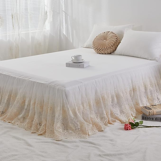 Brandream Lace Bed Skirt Full Size Cream White 18 Inch Drop Romantic Bed Sheets Cover Split Corners