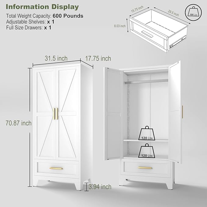 COFaR 71 Farmhouse Metal Wardrobe Closet with Hanging Rod, 2 Barn Doors, Adjustable Shelves, Steel Armoire with Drawer for Home, Bedroom White