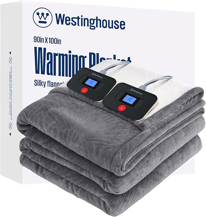 Westinghouse Electric Blanket King, Flower Jacquard Heated Blanket King Size with 10 Heating Levels and 1-12 Hours Auto-Off, Flannel to Sherpa Reversible, Machine Washable (90" x 100", Light Grey)