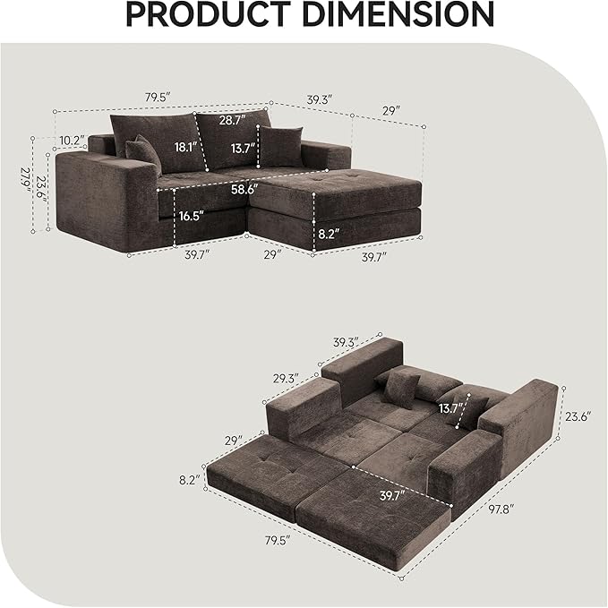 Boneless Sectional Loveseat Couch with Ottoman, Convertible Tufted Button Modular Floor Sleeper Sofa Bed, Comfy Foldable Compression Love Seat Sofa for Living Room, No Assembly, Brown