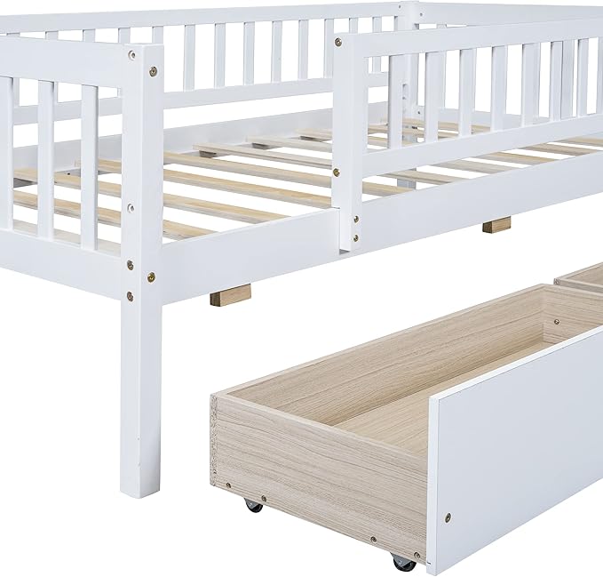 Bellemave Twin Bed Frames with Rails for Kids, Twin daybed Frame with Drawers for Boys/Girls/Adults，White