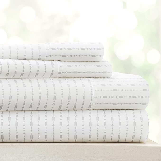 Linen Market Double-Brushed Patterned Microfiber Full Sheet Set 4 Piece – Oeko-TEX Certified Ultra Soft & Wrinkle-Free - 16" Deep Pocket Sheets - Easy Care Full Size - Beaded Arrows Light Gray