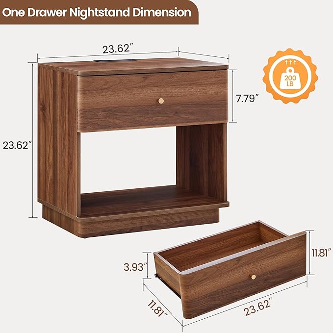 Narrow Nightstand Set of 2, Wooden Small 2 Drawer Nightstand, Slim Side End Table, Skinny Bedside Table, Mid Century Modern Night Stand with Drawers, for Living Room (Walnut-Charging Station-2 pcs)