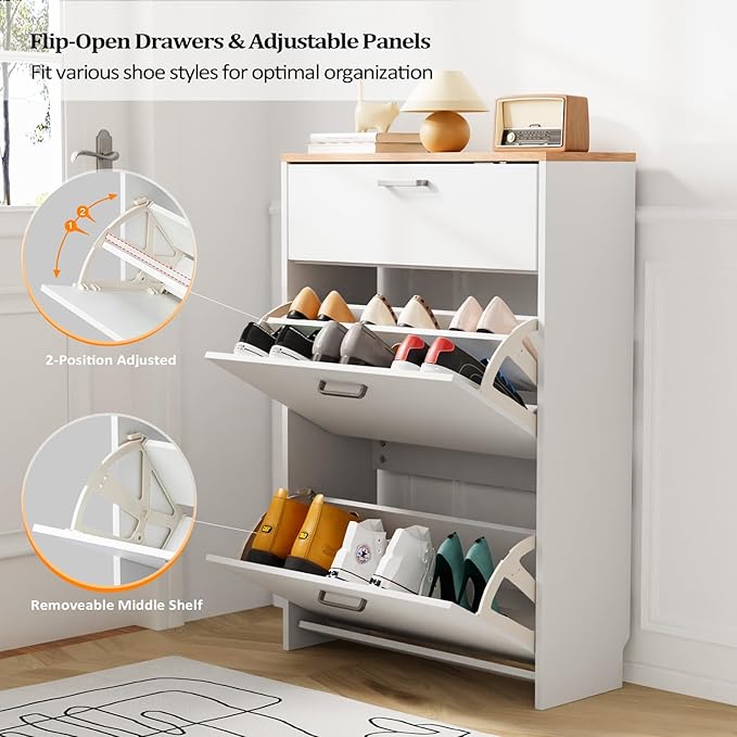 VINGLI Shoe Cabinet Storage for Entryway Ultra Slim with 2 Flip &1Drop-Down Drawers, 24.8" W Narrow Shoe Cabinet for Front Door Entrance,Freestanding Modern White Wood Shoes Organizer for Hallway