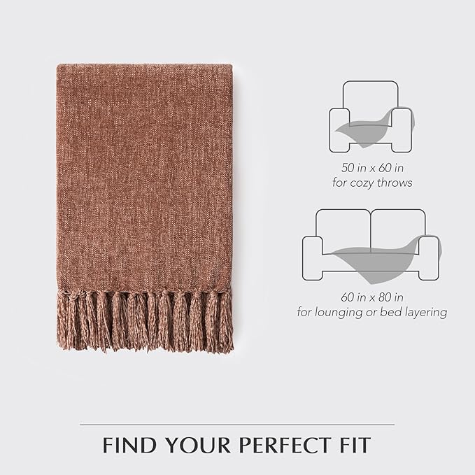 EVERGRACE Soft Chenille Throw Blanket for Couch, Cozy Plush Fuzzy Decorative Chenille Knit Throw Blanket with Tassels, Lightweight Blanket and Throws for Bed Sofa Gift Home Decor, Clay 50"x60"