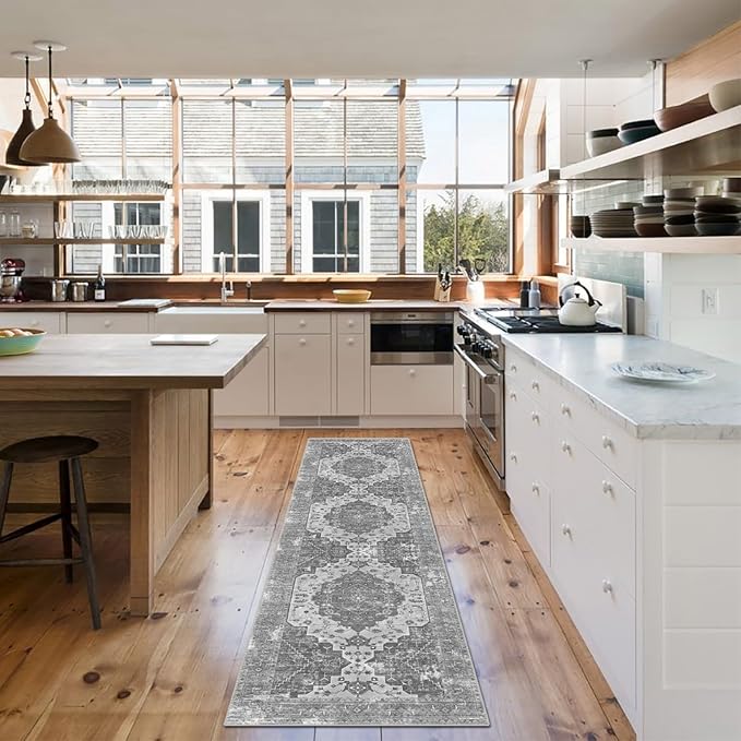 vivorug Grey Runner Rug 2x10 Machine Washable Rug with Non-Slip Backing, Ideal for Kitchen Hallway Entryway Laundry Room - Vintage Floral, Durable, Easy Clean, Low Pile Carpet Runner
