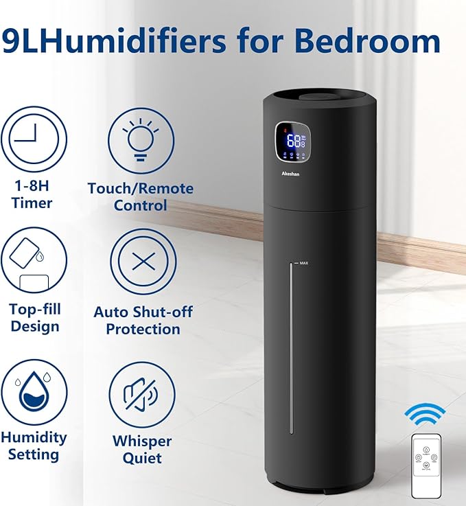 Large Humidifiers for Bedroom, 9L/2.5Gal Ultrasonic Cool Mist, Top Fill Easy Clean with 350ML/H Mist Speed, Quiet, Suitable for Kids Room Plant Yoga Office Study Room Living (Black, Round)