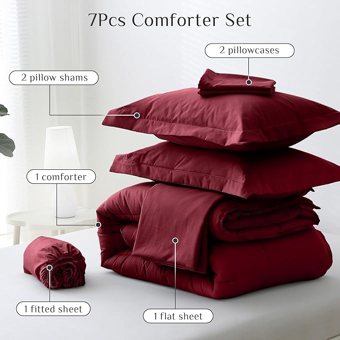 JOLLYVOGUE California King Comforter Set, Ultra-Soft Bed in a Bag Cal King Size 7 Pieces, Oeko-TEX Certified Bedding Set with Down Alternative Comforter, Sheets, Pillowcases & Shams, Burgundy