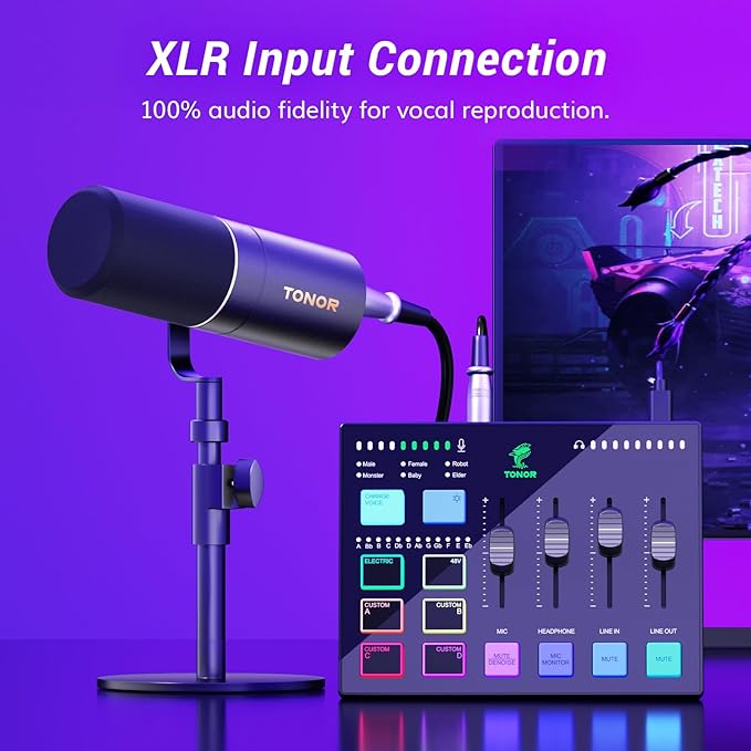 TONOR Audio Interface and Microphone Set, Podcast Equipment Bundle, USB Audio Mixer with RGB, XLR Dynamic Microphone with Studio Sound Quality, Complete Package for Content Creating, Gaming, Streaming