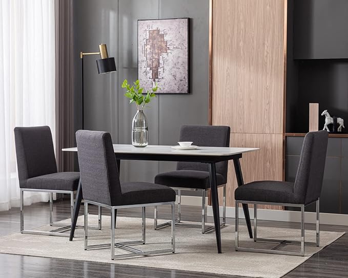 CIMOTA Black Modern Dining Chairs Set of 2, Upholstered Dining Room Chairs Armless Guest Side Chair with Chrome Base for Dining Room/Kitchen, Charcoal Black, 2PCS