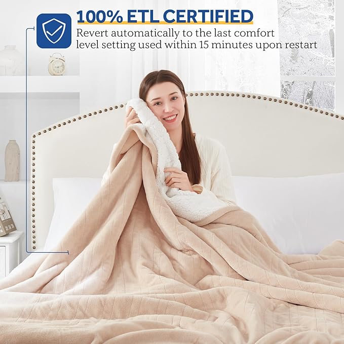 SEALY Electric Blanket Twin Size, Flannel & Sherpa Heated Blanket with 10 Heating Levels & 1-12 Hours Auto Off, Machine Washable, Beige, 62x 84 Inch
