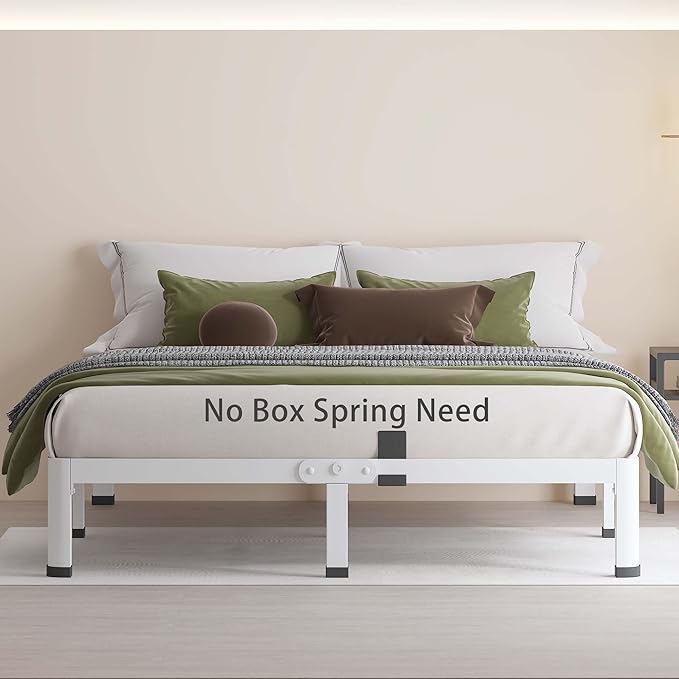 MAF 7 Inch Queen Metal Platform Bed Frame White with Round Corner Legs, Mattress Slide Stopper, 3000 LBS Heavy Duty Steel Slats Support, Noise Free, No Box Spring Needed, Easy Assembly