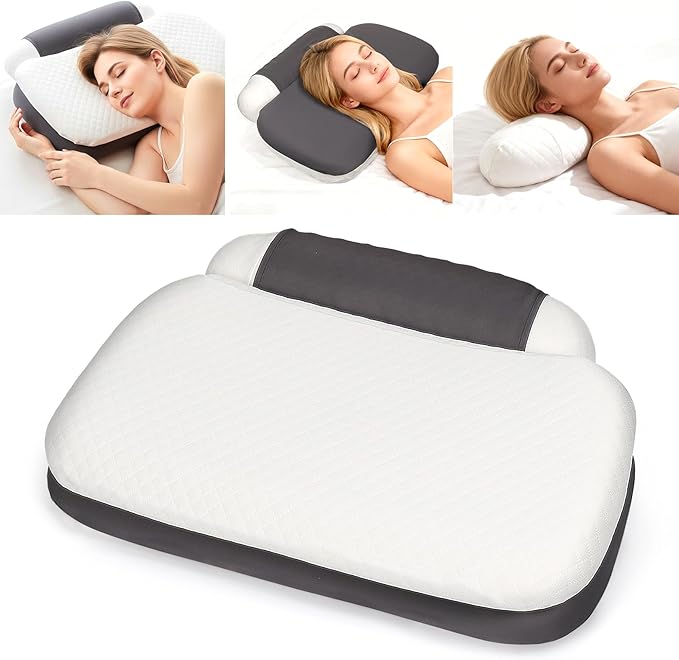 Memory Foam Tri-Functional Contour Pillow for Neck & Shoulder Pain Relief, Ergonomic Cervical Support Pillow for Side and Back Sleepers, Firm Bed Pillow for Deep Sleep, White