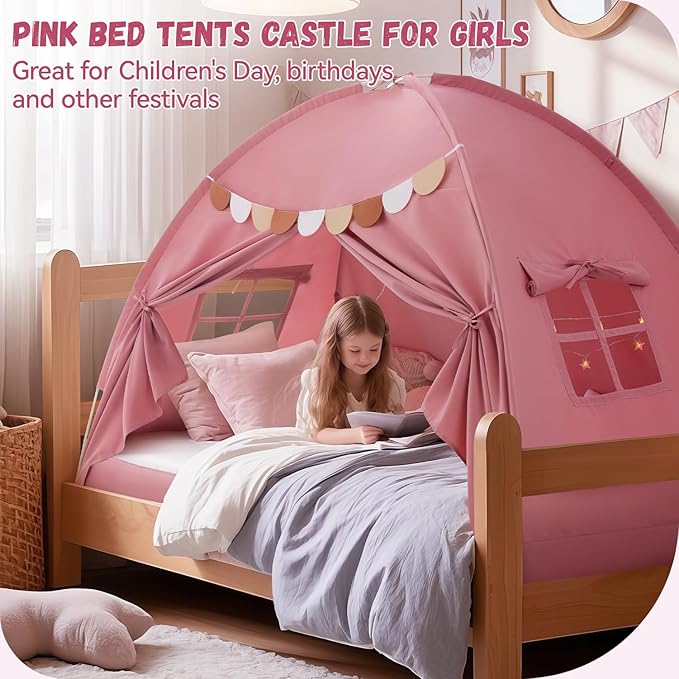 Bed Tent Twin, Bed Canopy for Kids Girls, Tents Toddler Portable Sleeping Tents Indoor, Pink Bunk Canopy Floor Playhouse for Twin Size Bed for Birthday Toy House Gift