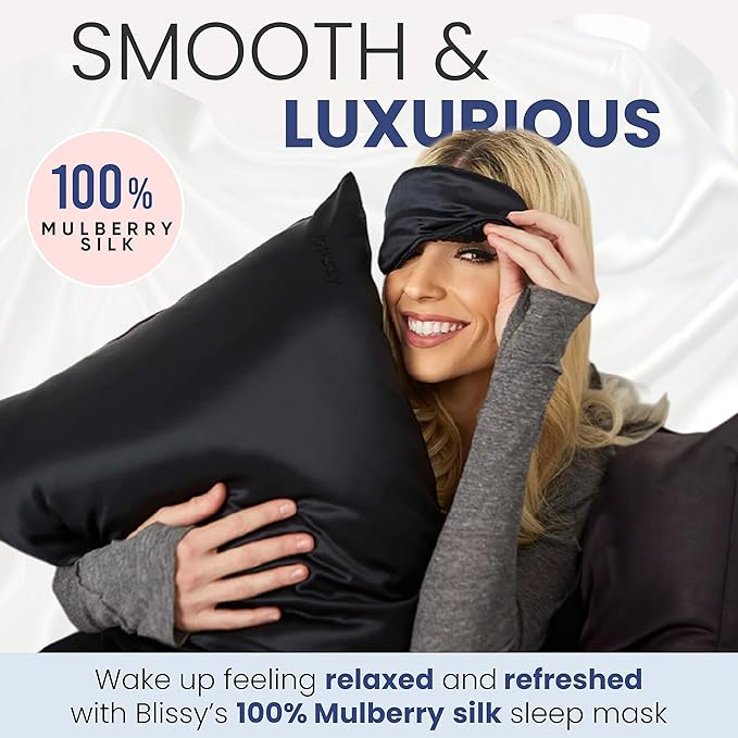 Blissy Silk Sleep Mask - Eye Sleeping Mask for Women & Men for Total Blackout - 100% Pure Mulberry Silk, 22 Momme 6a Fibers - Blindfold Sleep Mask Side Sleeper Eye Cover