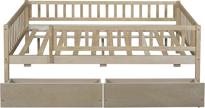 Bellemave Full Size Bed Frames with Rails for Kids, Full daybed Frame with Drawers for Boys/Girls/Adults， Natural