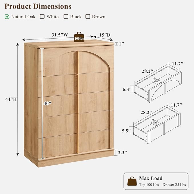 ACCOHOHO Modern 5 Drawers Dresser for Bedroom with Arched Panel,44" Tall Dresser for Closet with Metal Handles,Push-to-Open Wood Storage Closet Dressers Tv Stand for Living Room, Hallway,Natural Oak