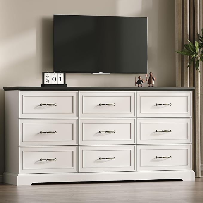 Farmhouse 9 Drawers Dresser for Bedroom, 63" Wide Modern Chest of Drawers with Deep Drawers & Bar Handles, Rustic Wood Dresser TV Stand, Wooden Closet Storage Organizer for Living Room, Hallway, White