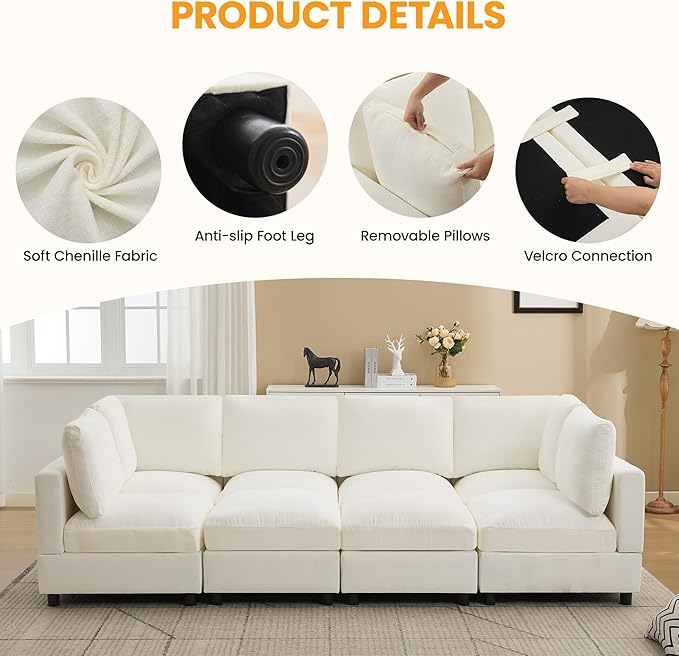 89'' Modular Sectional Cloud Sofa Bed, 6-Seater Convertible Sofa Couch with Ottoman, Modern Deep Seat Sleeper Sofa for Living Room, Chenille Beige