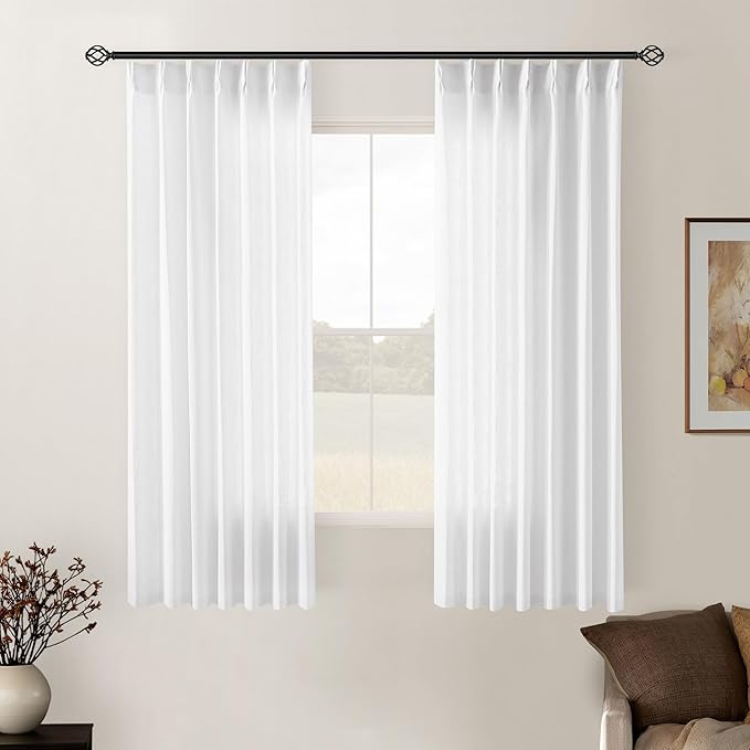 Snow White Pinch Pleated Linen Curtains 2 Panels for Living Room Bedroom Memory Training Shaped Semi Sheer Pleat Drapes with Hooks Rings Light Filtering Window Curtain 40x54